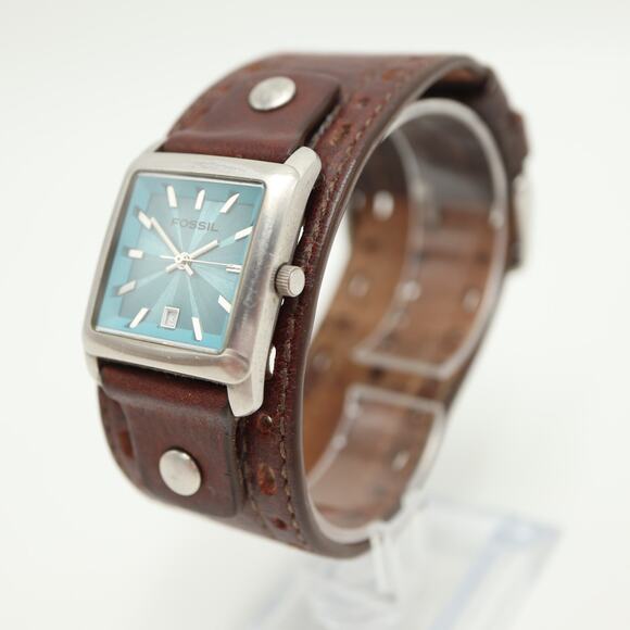 Vintage Fossil Y2K Blue Square 26mm Date Dial Watch Brown Leather w New Battery - Picture 8 of 12